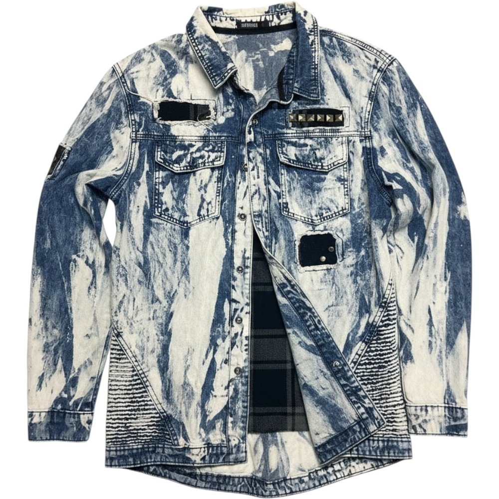 Imperious Mens Acid Wash Denim Shirt‎ Studded Distressed Blue Large